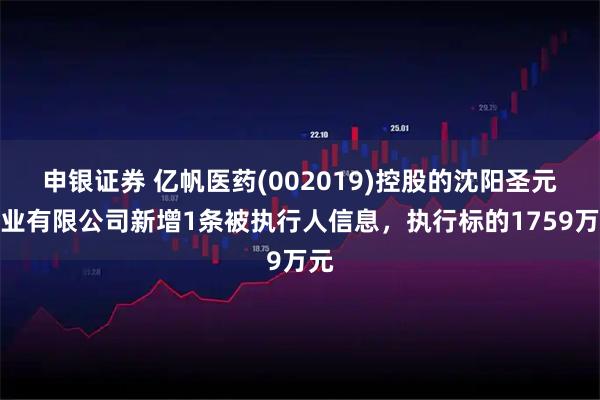 申银证券 亿帆医药(002019)控股的沈阳圣元药业有限公司新增1条被执行人信息，执行标的1759万元